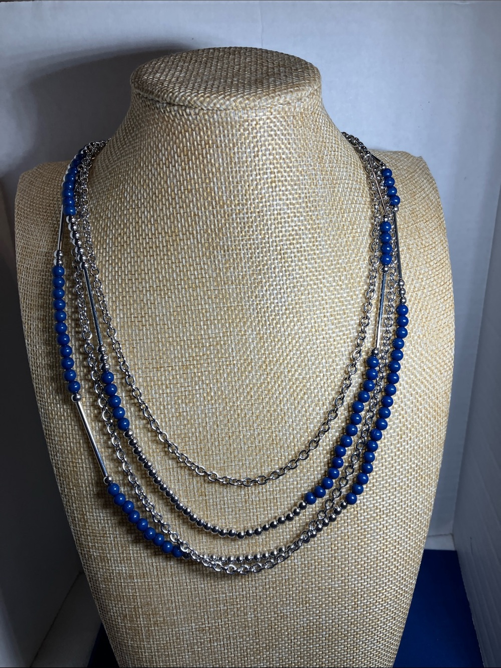Layered Blue Bead and Silver Chain Necklace